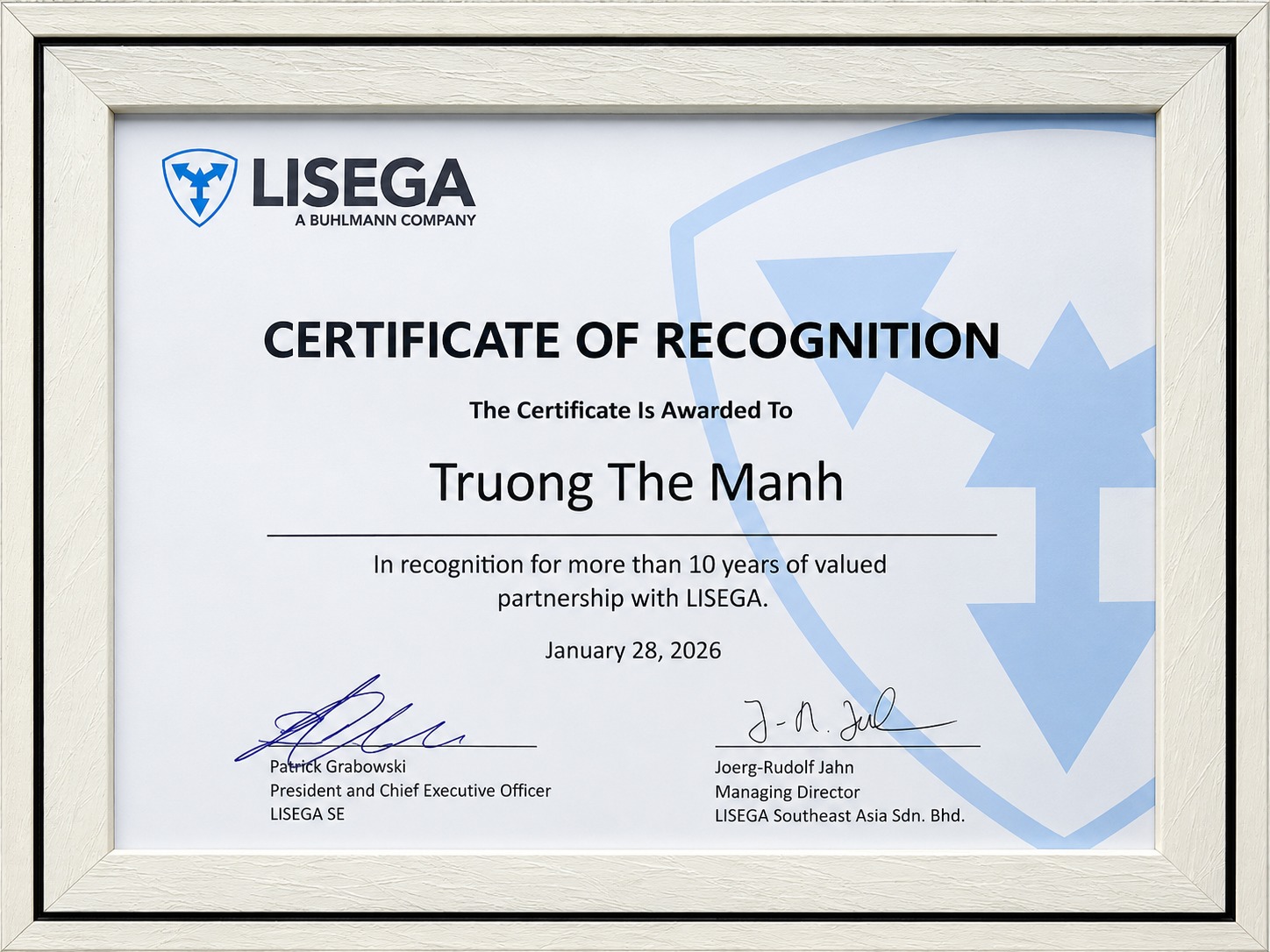 Chứng Nhận Ghi Nhận - LISEGA